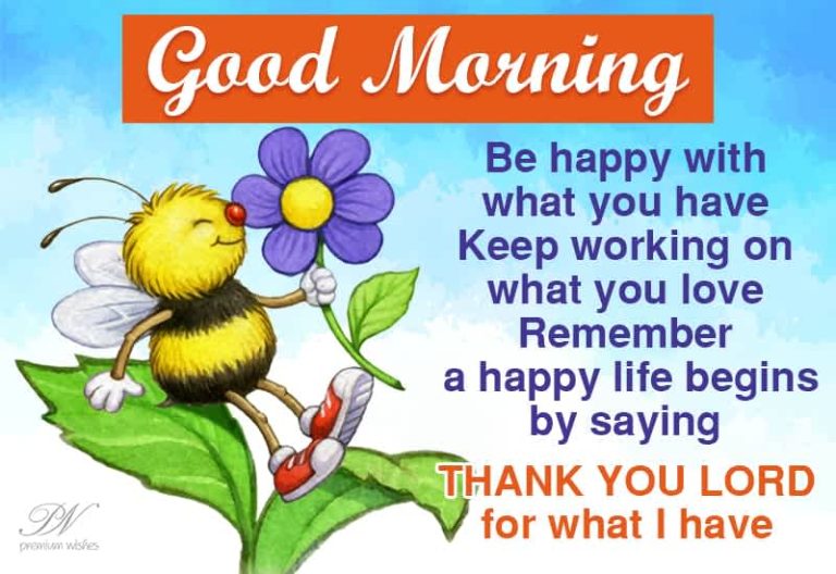 Good Morning – Be happy with what you have Keep working on what you love Remember a happy life begins by saying – Thank you lord for what I have