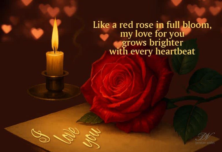 Like a red rose in full bloom, my love for you grows brighter with every heartbeat