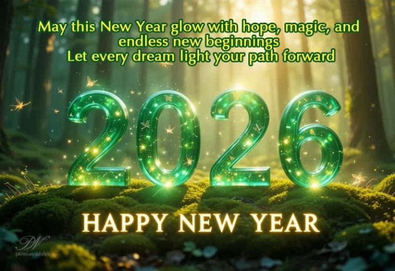 Happy New Year 2026 greeting with glowing green numbers and magical forest background Happy New Year 2026 greeting with glowing green numbers and magical forest background