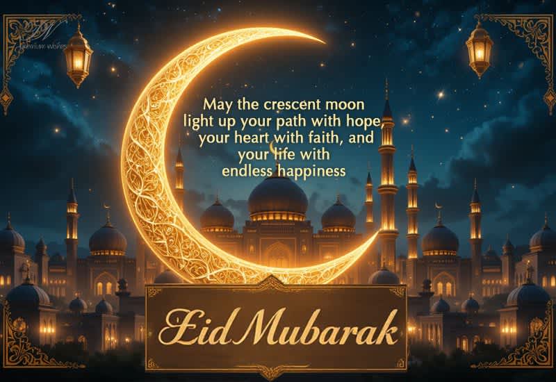 Eid Mubarak Greeting with Crescent Moon, Faith and Endless Happiness