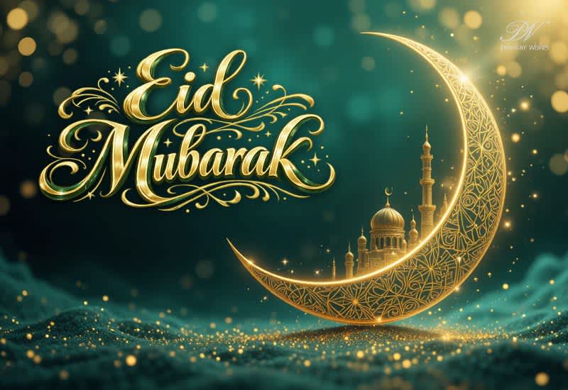 Eid Mubarak Greeting with Golden Crescent and Festive Elegance