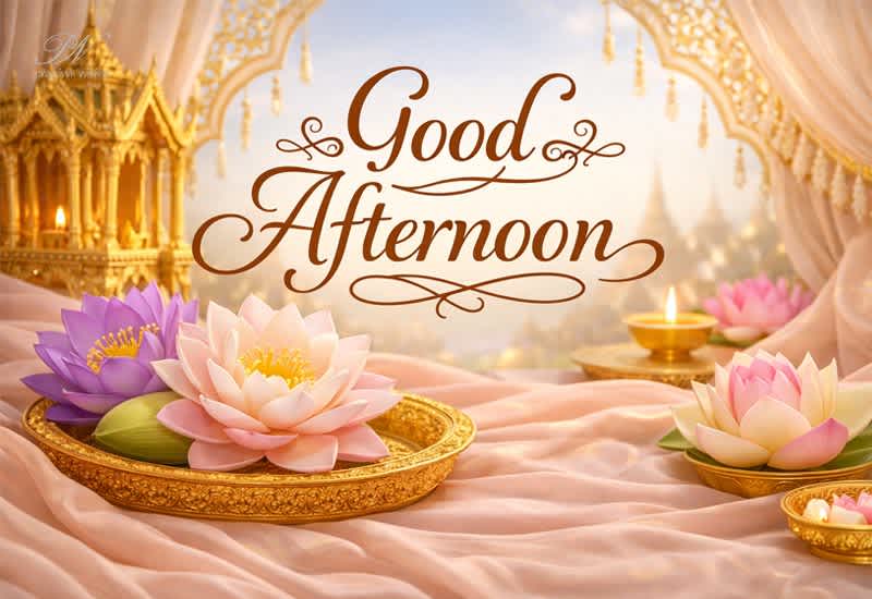 Good Afternoon Greeting with Lotus Flowers and Serene Temple Beauty