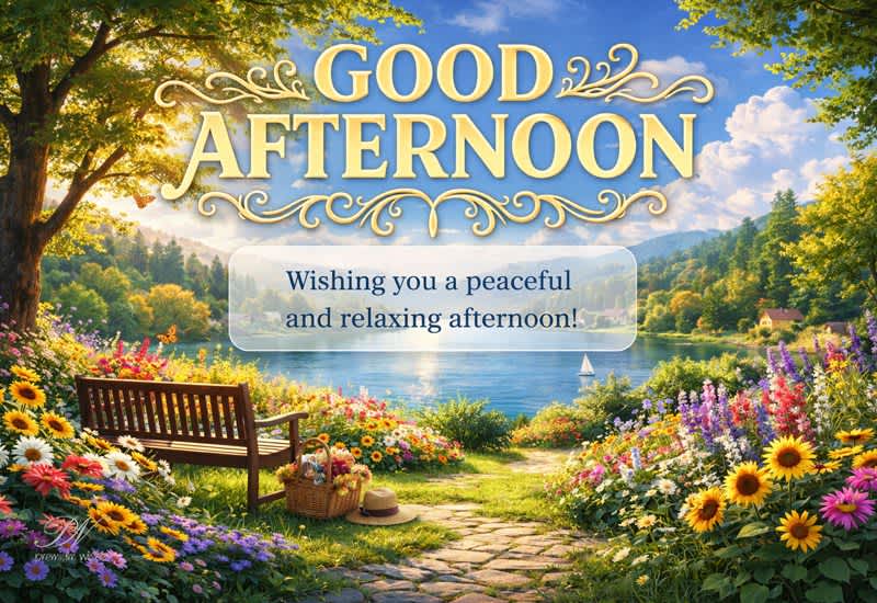 Good Afternoon Greeting with Peaceful Lakeside Garden Beauty