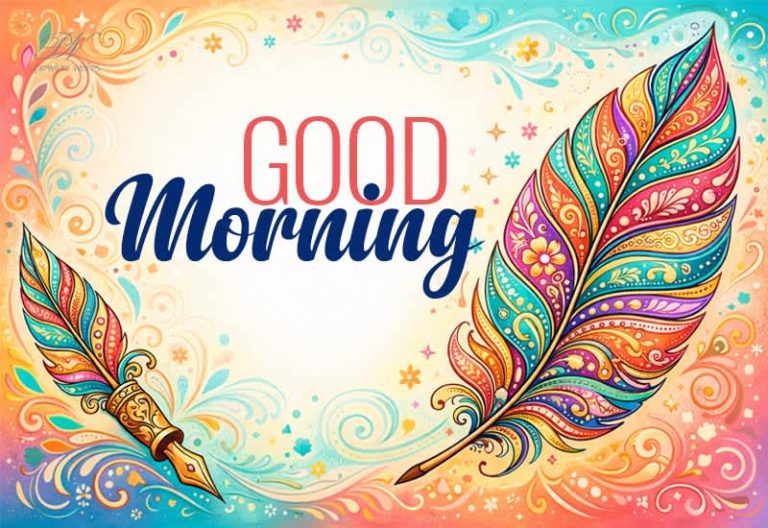 Good Morning Greeting with Colorful Feather and Artistic Charm Good Morning Greeting with Colorful Feather and Artistic Charm