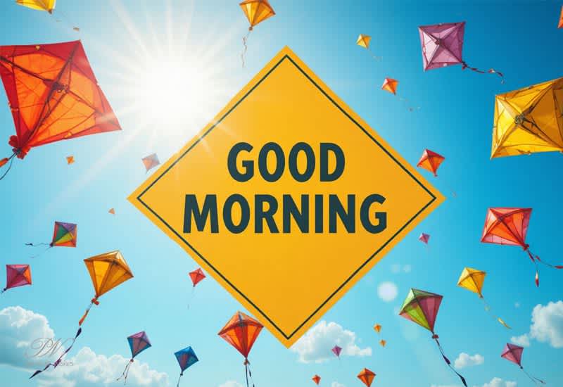 Good Morning Greeting with Colorful Kites and Bright Sky Energy