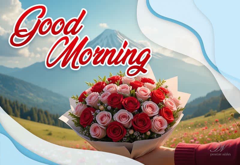 Good Morning Greeting with Rose Bouquet and Scenic Mountain Beauty