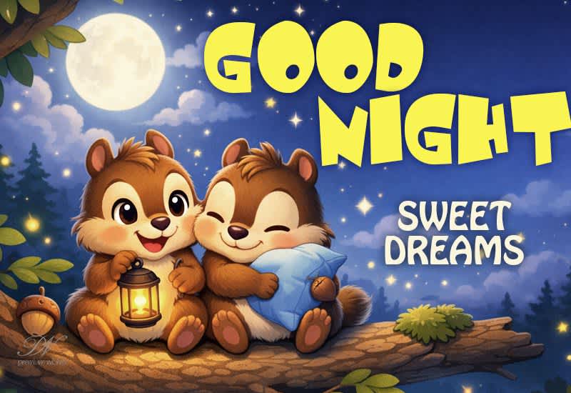 Good Night Cute Chipmunks Greeting with Sweet Dreams Wishes