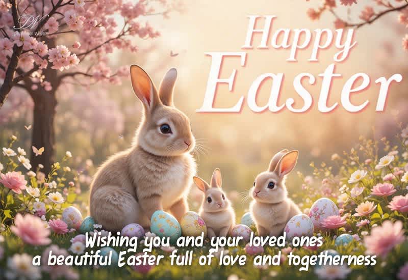 Happy Easter Greeting with Bunnies, Love and Togetherness