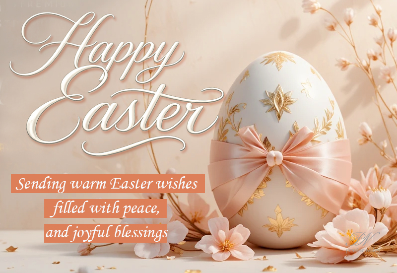 Happy Easter Greeting with an Elegant Egg, Bow and Joyful Blessings