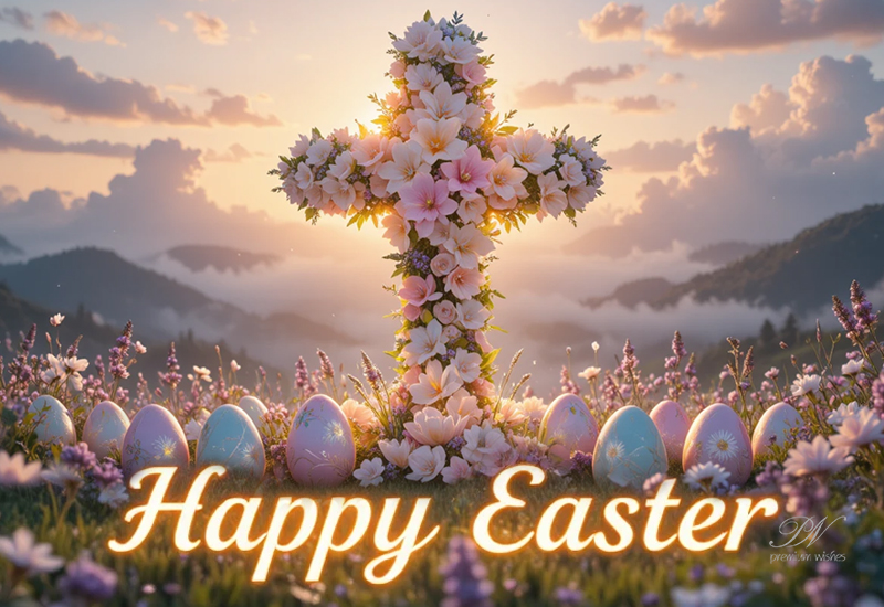 Happy Easter Greeting with a Floral Cross and Pastel Eggs Happy Easter Greeting with a Floral Cross and Pastel Eggs