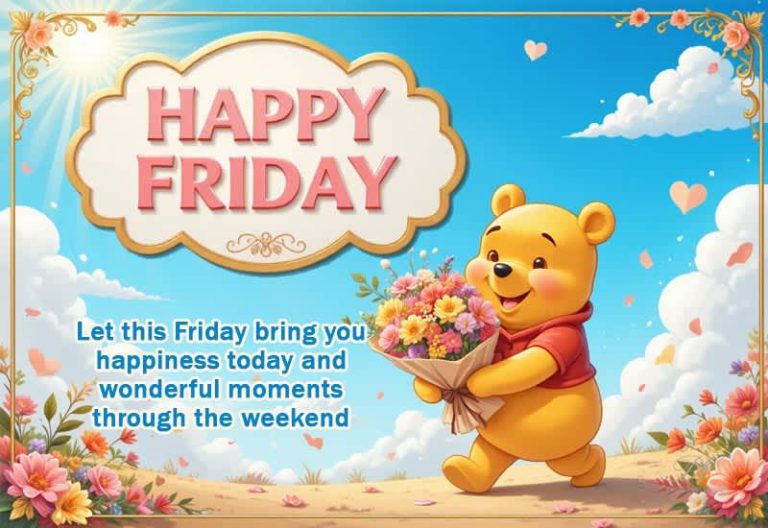 Happy Friday Greeting with a Cute Bear and Floral Weekend Joy