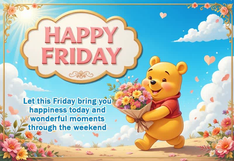 Happy Friday Greeting with a Cute Bear and Floral Weekend Joy Happy Friday Greeting with a Cute Bear and Floral Weekend Joy