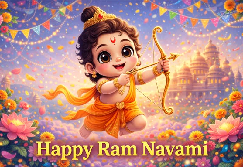 Happy Ram Navami Greeting with Cute Bal Ram and Festive Joy Happy Ram Navami Greeting with Cute Bal Ram and Festive Joy