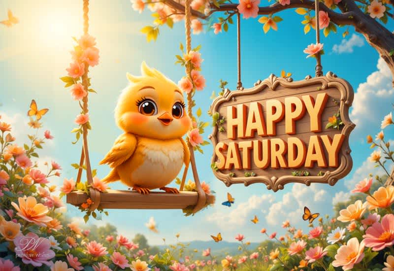Happy Saturday Greeting with a Cute Bird and Sunny Weekend Charm