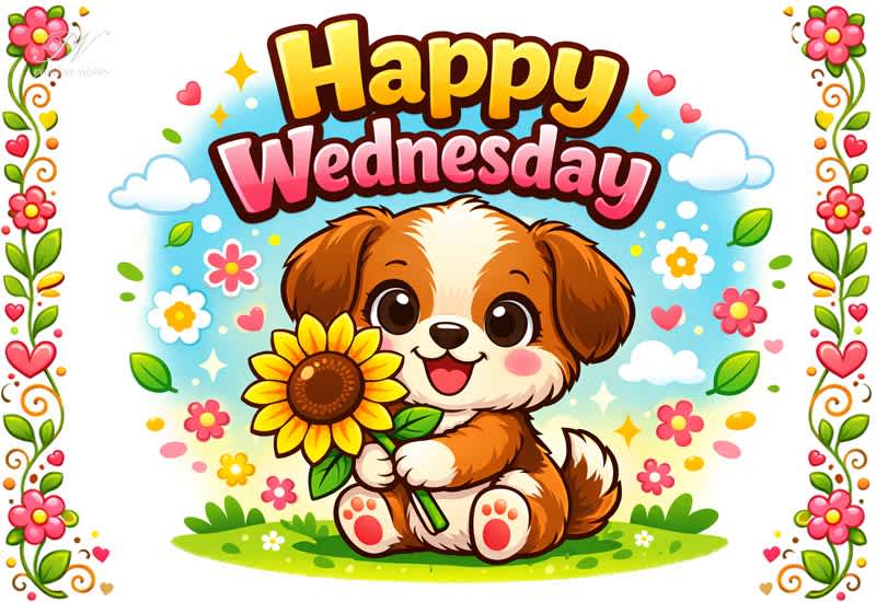 Happy Wednesday Greeting with a Cute Puppy and Sunflower Smile