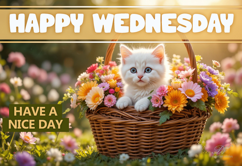 Happy Wednesday Wishes with a Cute Kitten and Flowers Happy Wednesday Wishes with a Cute Kitten and Flowers