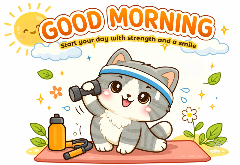 Good Morning Wishes with a Cute Kitten, Strength, and Smiles