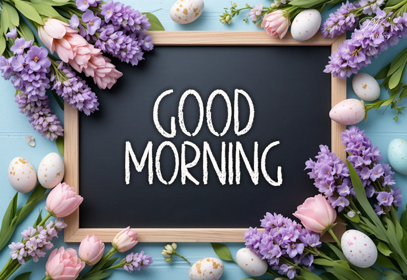 Good Morning Wishes with Easter Flowers and a Blackboard Design Good Morning Wishes with Easter Flowers and a Blackboard Design