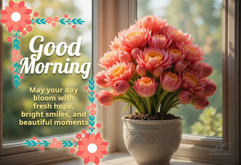 Simply Good Morning Wishes with Fresh Flowers by the Window Simply Good Morning Wishes with Fresh Flowers by the Window