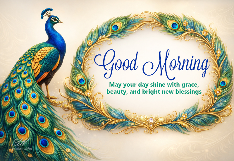 Good Morning Wishes with Peacock Beauty, Grace, and Bright Blessings