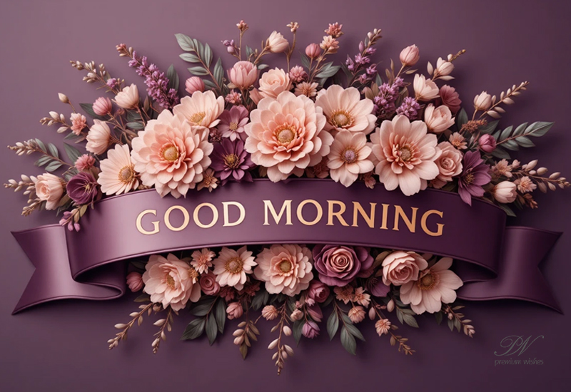 Good Morning Wishes with a Purple Floral Ribbon and Elegant Charm