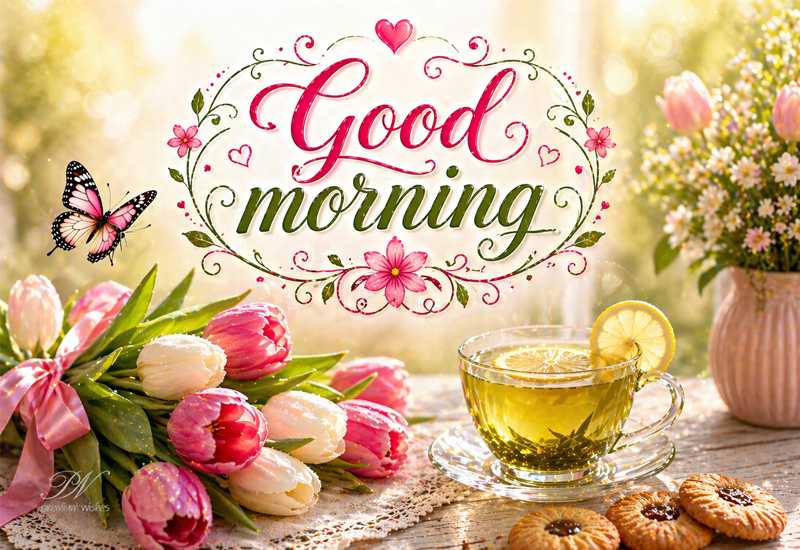 Good Morning Wishes with Tulips, Tea, and Butterfly Charm