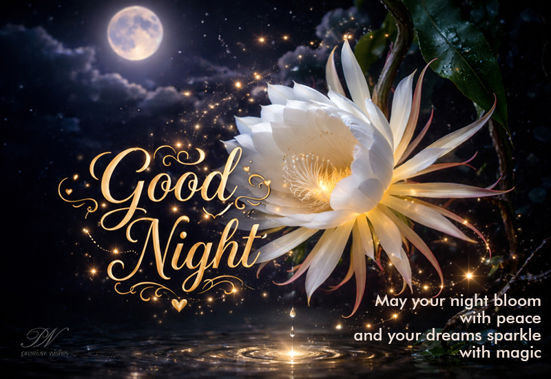 Good Night Wishes with Moonflower Beauty, Peace, and Sparkling Dreams