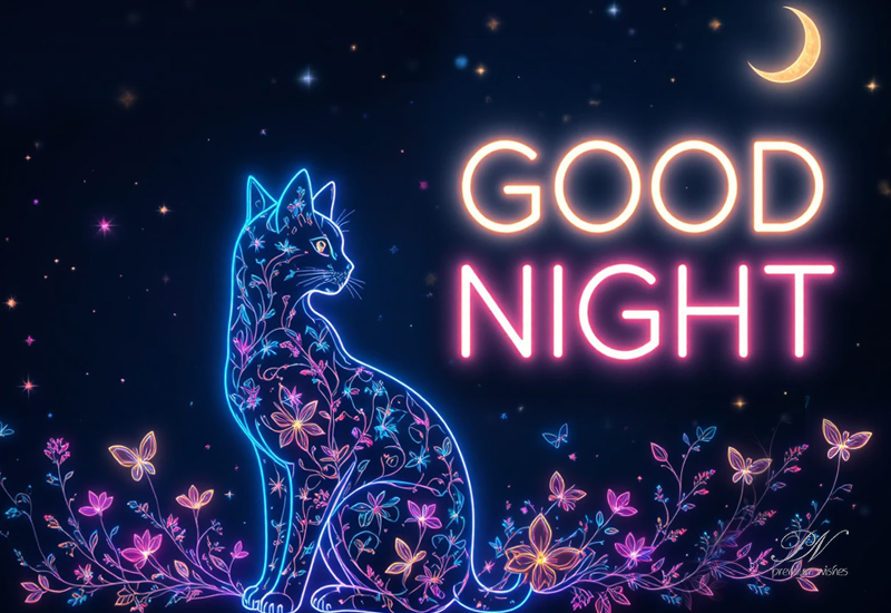 Good Night Neon Cat Wishes – Magical Floral Greeting