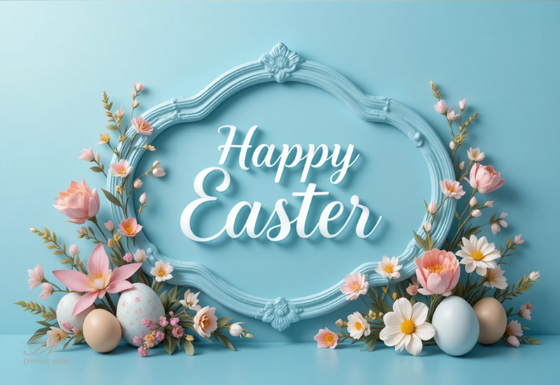 Happy Easter Wishes with a Beautiful Blue Frame and Flowers