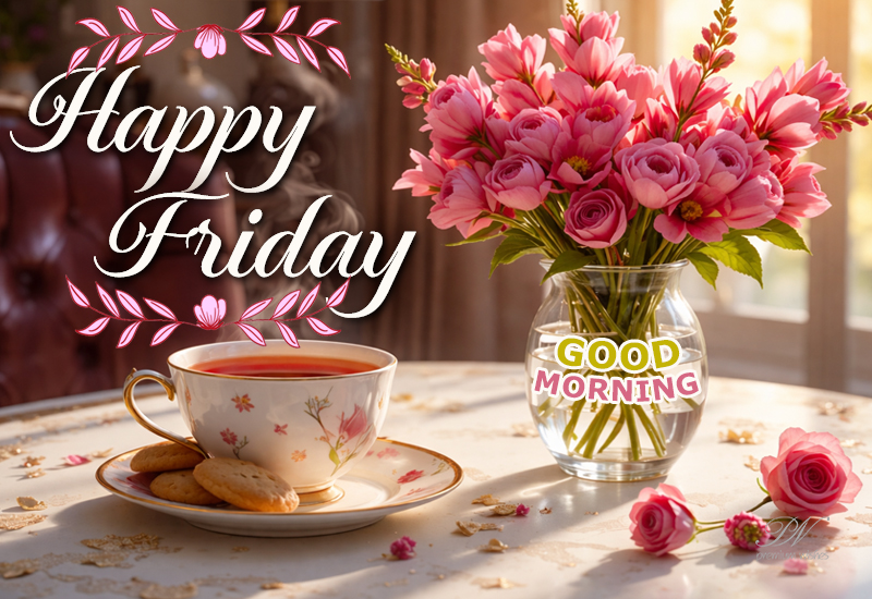 Happy Friday Wishes with Flowers, Tea, and Good Morning Warmth