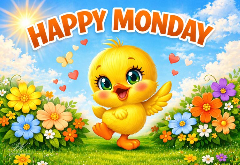 Happy Monday Wishes with a Cute Chick and Sunny Floral Joy Happy Monday Wishes with a Cute Chick and Sunny Floral Joy