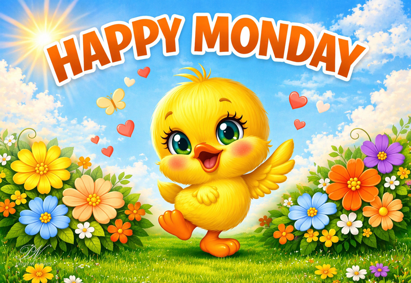 Happy Monday Wishes with a Cute Chick and Sunny Floral Joy
