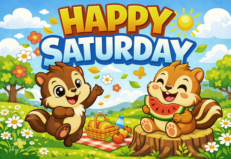 Happy Saturday Wishes with Cute Squirrels and Sunny Picnic Joy
