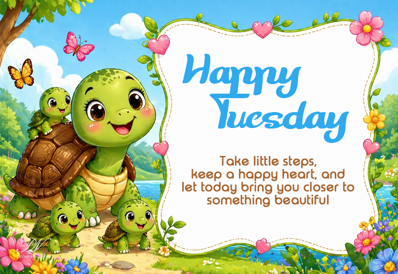 Happy Tuesday Cute Turtle Wishes – Little Steps, Happy Heart