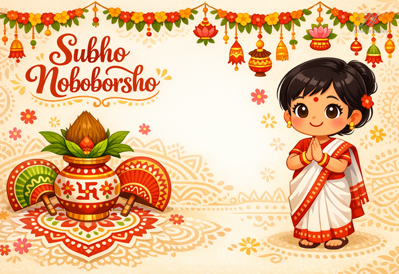 Subho Noboborsho Wishes with Cute Traditional Bengali Festive Charm