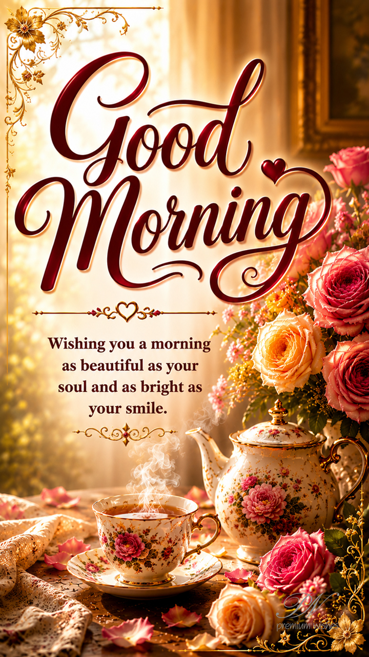 Good Morning Tea and Roses Greeting | Beautiful Soul Morning Wishes