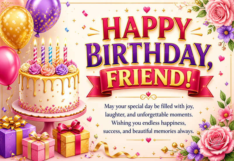 Happy Birthday Friend Cake and Gifts – Celebration Greeting