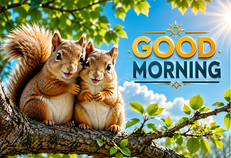Good Morning Cute Squirrels Tree Branch Greeting