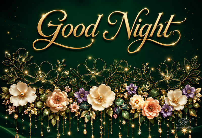 Good Night Golden Floral Dark Green Greeting
