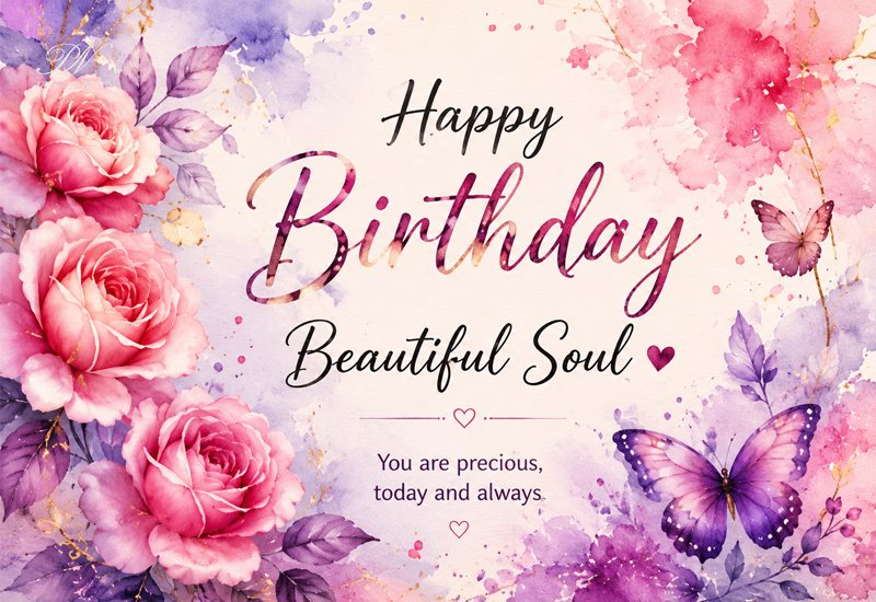 Happy Birthday Beautiful Soul Watercolor Roses Greeting