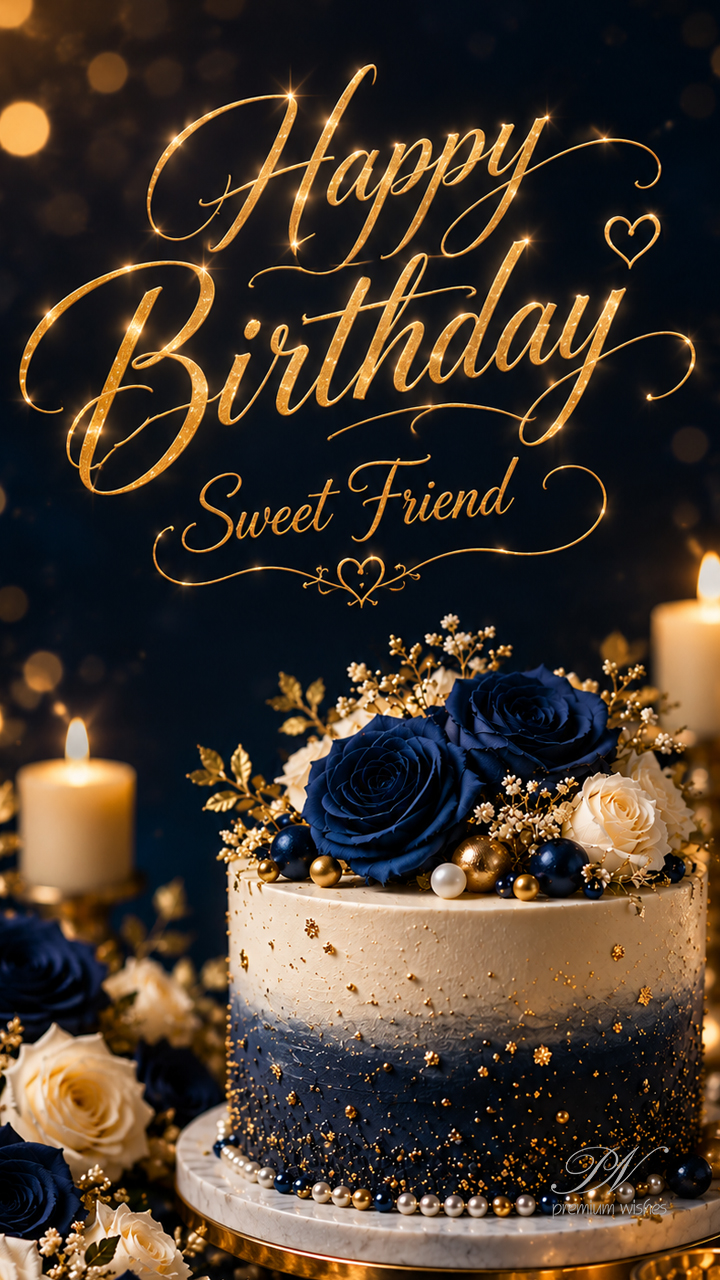 Happy Birthday Sweet Friend Blue Gold Cake Greeting Happy Birthday Sweet Friend Blue Gold Cake Greeting