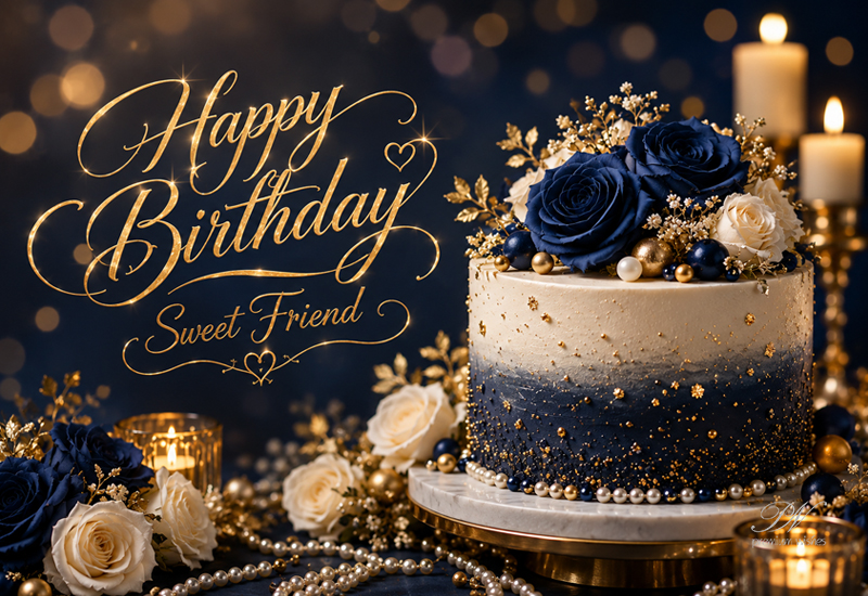 Happy Birthday Sweet Friend Blue Gold Cake Greeting Happy Birthday Sweet Friend Blue Gold Cake Greeting