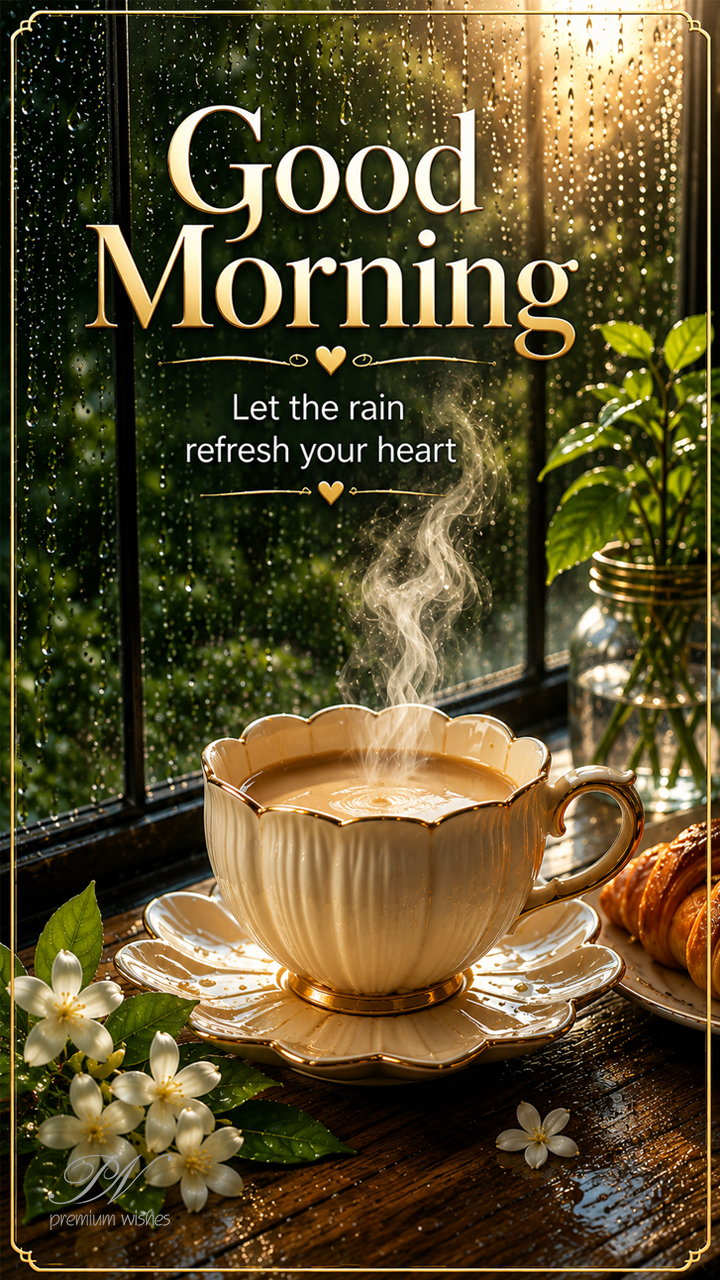 Good Morning Let the Rain Refresh Your Heart Tea Cup Greeting