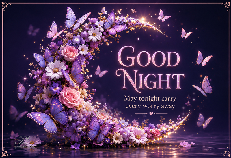 Good Night Floral Moon Butterflies Worries Away Greeting