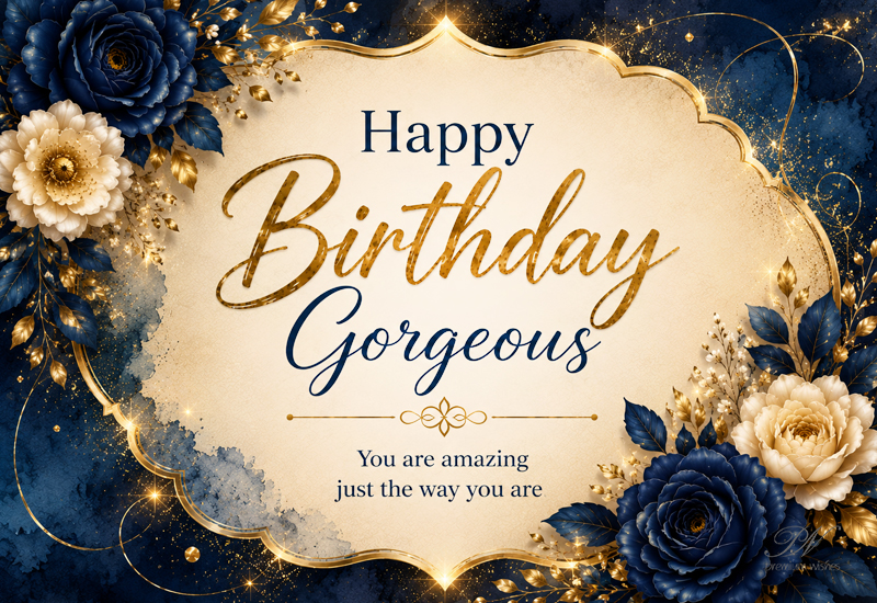 Happy Birthday Gorgeous Blue Gold Flower Greeting Image