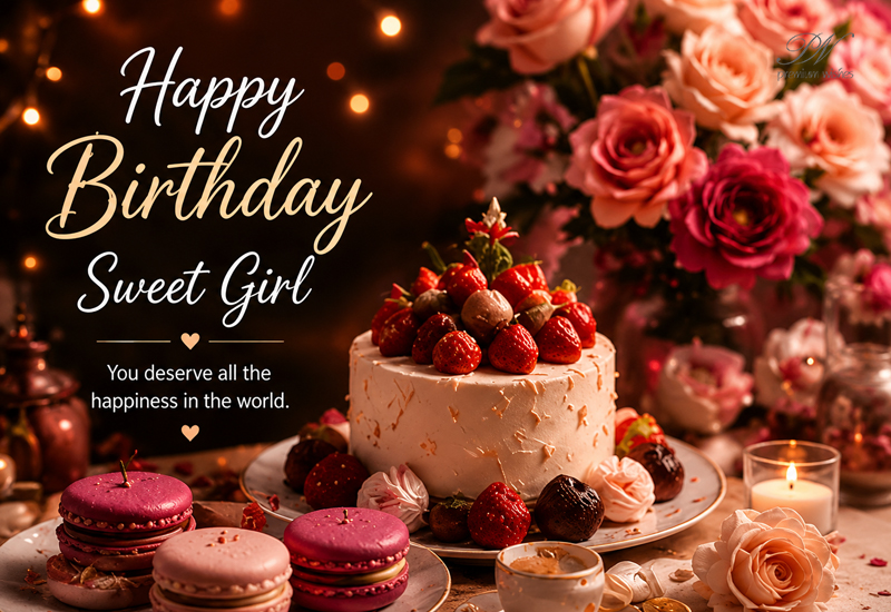 Happy Birthday Sweet Girl Strawberry Cake and Roses Greeting