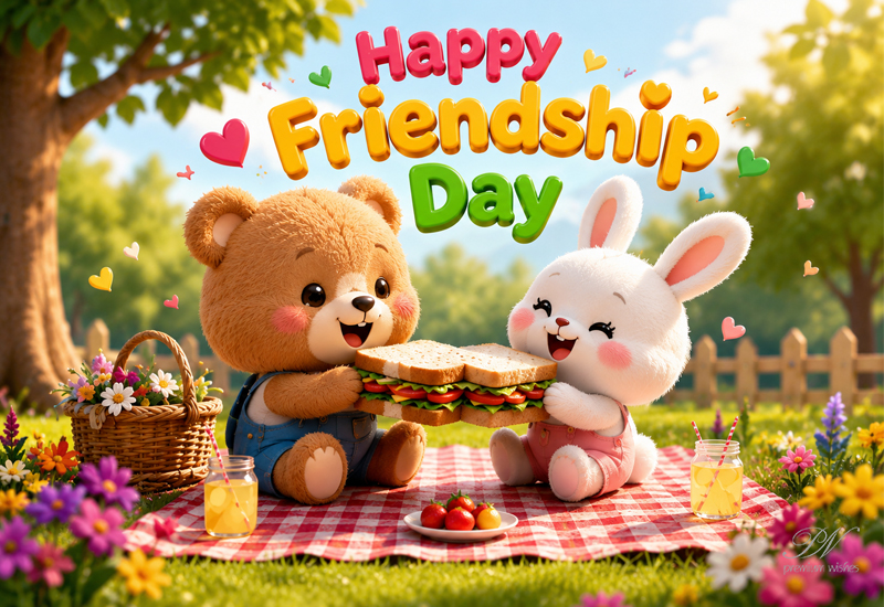 Happy Friendship Day Teddy Bunny Picnic Greeting Image Happy Friendship Day Teddy Bunny Picnic Greeting Image