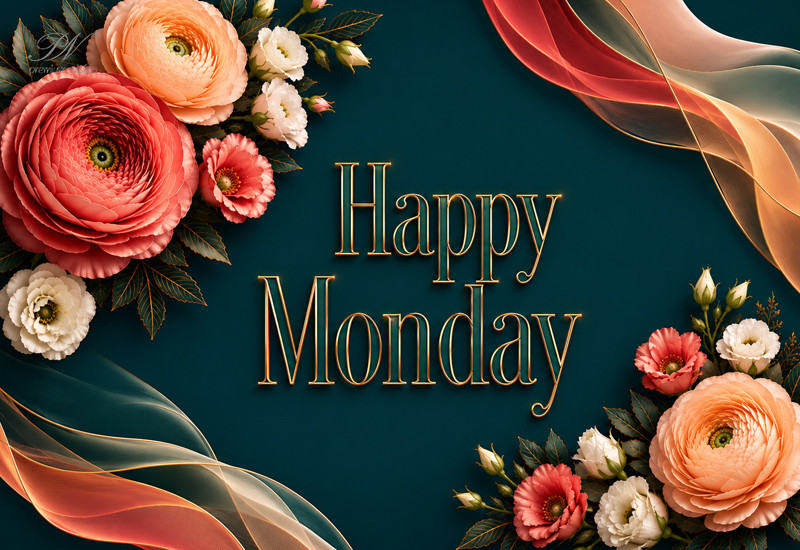 Happy Monday Elegant Floral Teal and Gold Greeting Happy Monday Elegant Floral Teal and Gold Greeting