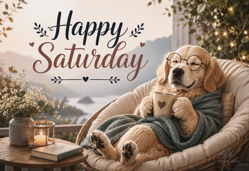 Happy Saturday Cozy Dog Coffee Relax Greeting Happy Saturday Cozy Dog Coffee Relax Greeting