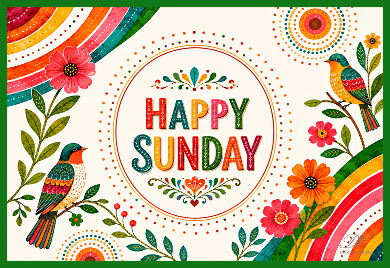 Happy Sunday Colorful Folk Birds Floral Greeting Happy Sunday Colorful Folk Birds Floral Greeting
